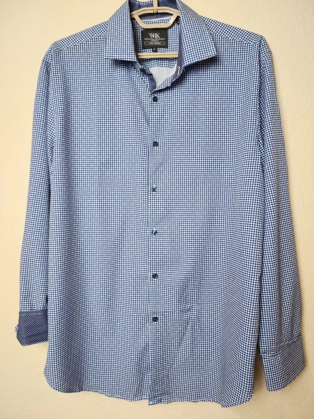 WRK Dress LS Shirt Mens 17 4-Way Stretch Blue Check Flip Cuff Fitted Button